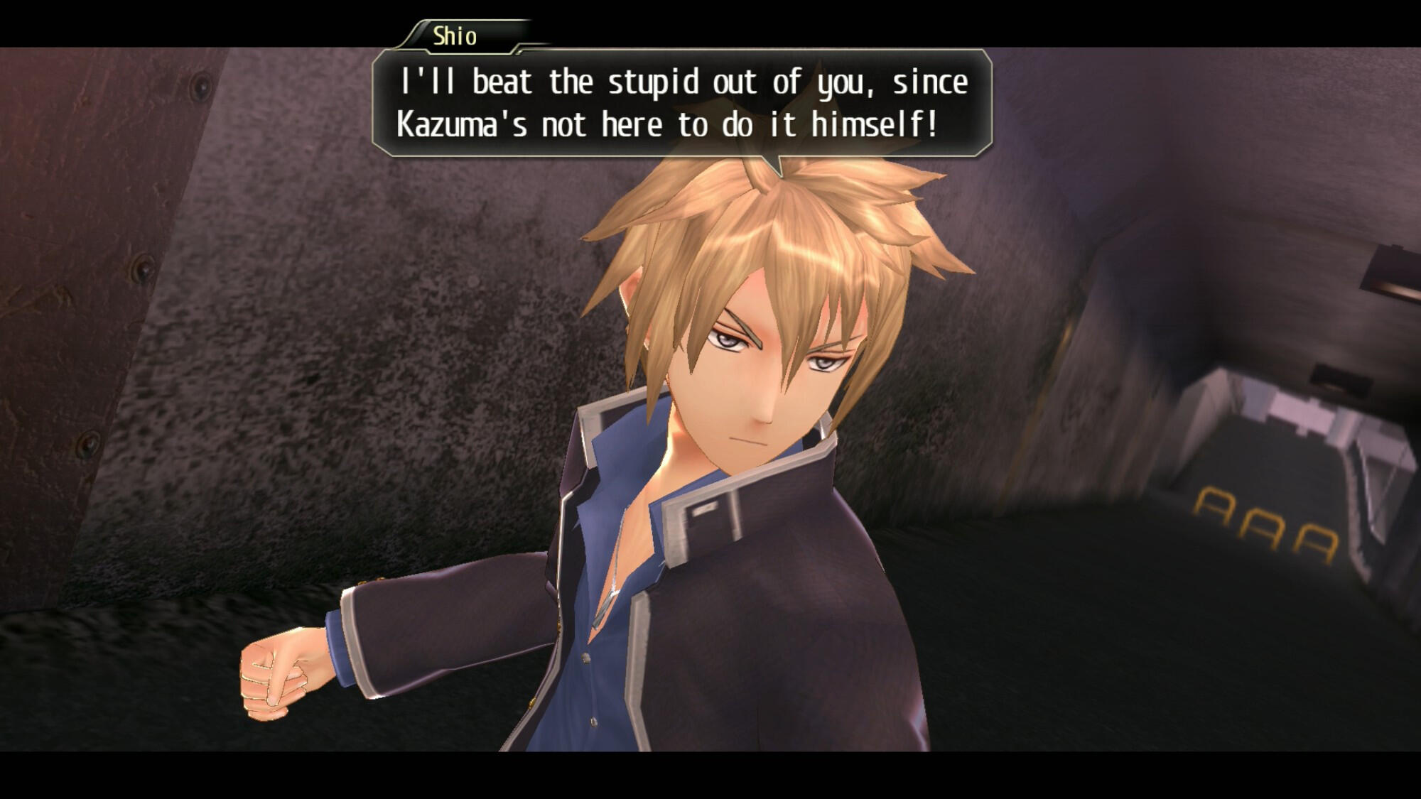 Tokyo Xanadu eX+ Screencap 1 Text from Tokyo Xanadu eX+. Character Shio's dialogue reads: "I'll beat the stupid out of you, since Kazuma's not here to do it himself!"