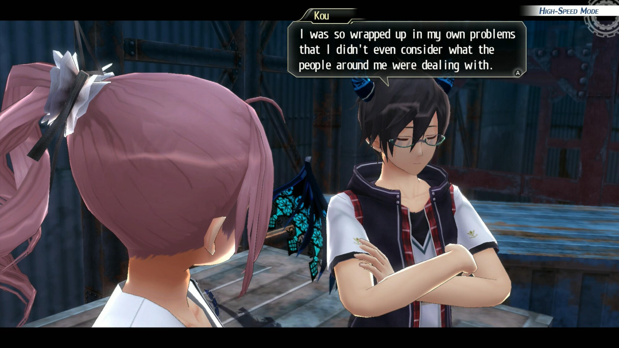 Text from Tokyo Xanadu eX+. Character Kou's dialogue reads: "I was so wrapped up in my own problems that I didn't even consider what the people around me were dealing with."