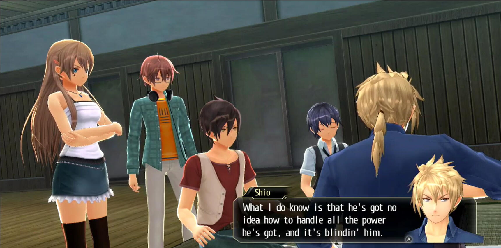 Text from Tokyo Xanadu eX+. Character Shio's dialogue reads: "What I do know is he's got no idea how to handle all the power he's got, and it's blindin' him."