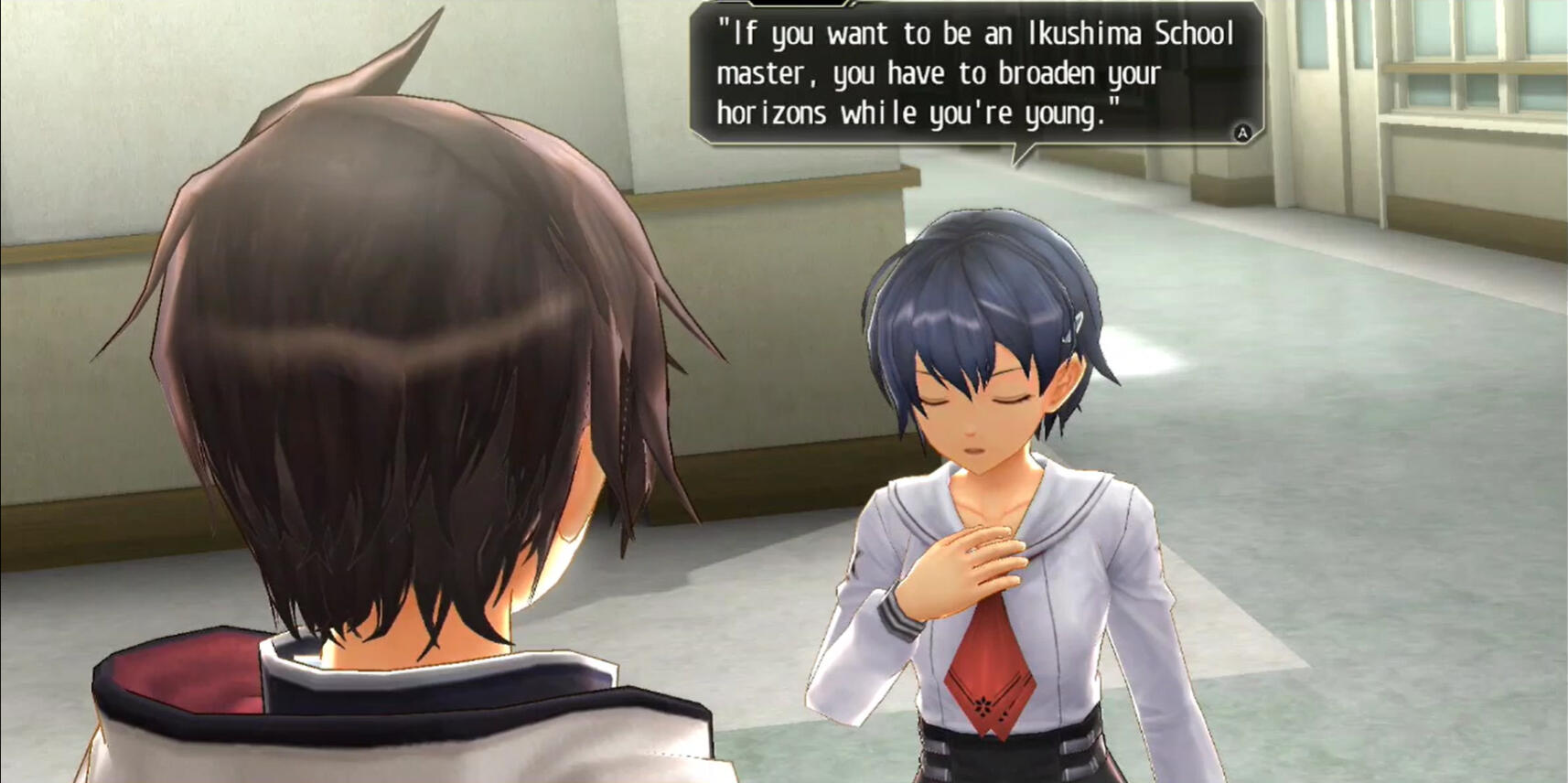Text from Tokyo Xanadu eX+. Character Sora's dialogue reads: "If you want to be an Ikushima School master, you have to broaden your horizons while you're young."