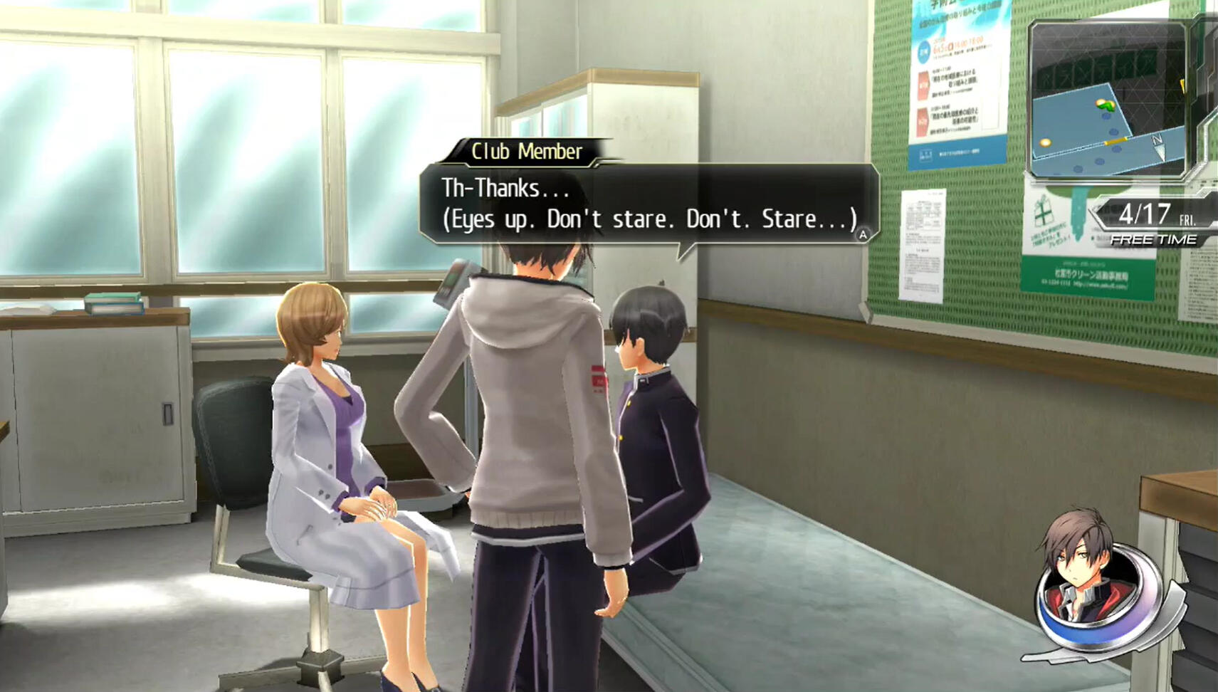 Text from Tokyo Xanadu eX+. NPC Club Member dialogue reads: "Th-Thanks... (Eyes up. Don't stare. Don't. Stare...)"
